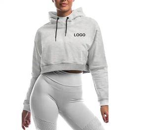 Mujeres recortadas de manga larga de cuello redondo Jogging Hoodies Short Pullover Custom Drop Shoulder Crop Top Sudaderas - Product Image 2
