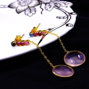 Wedding Wear 925 Sterling Silver Gold Plated <b>Rose</b> <b>Quartz</b> Gemstones Attractive Elegant Hanging Chain <b>Earrings</b> - Product Image 4