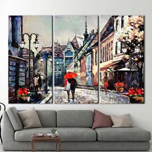 Tableau imprimé sur toile : Amoureux sous l'ombrelle rouge, art mural romantique pour couple, 3P : encadré - Product Image 1
