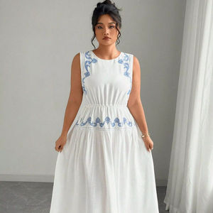 Vestido Maxi Informal de Otoño Invierno, Nuevo y Elegante, 100% Algodón Tejido, para Mujer, Cuello Redondo, Blanco, Sexy, Manga Corta, para Fiesta - Product Image 1