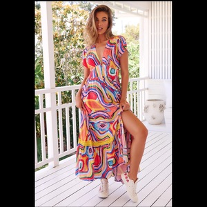 Femmes longue robe été col en v Boho ceinturé Maxi robe décontracté Sexy robe de soirée dames bohème plage vacances robe d'été - Product Image 1