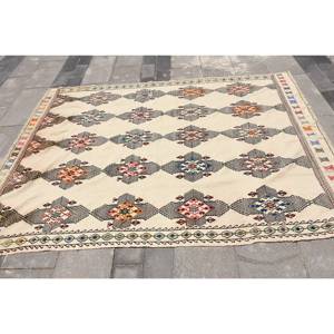 Alfombra de lana blanca tradicional 5,3X7,3 pies hecha a mano rectángulo turco patrón de pasillo diseño de retazos látex de 10mm para dormitorio - Product Image 3