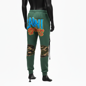 High Quality Premium Cotton Polyester Fleece Jogger Pant <b>Green</b> With Camo Knee Panels Screen Print Logo <b>men's</b> Jogger Pant - Product Image 4