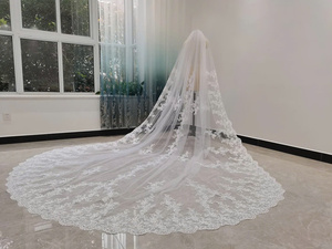 Stunning <b>Lace</b> Trimmed Cathedral Veil Soft Tulle in <b>White</b> or Ivory, with Comb, Ideal for an Elegant and Romantic Bridal Style - Product Image 4