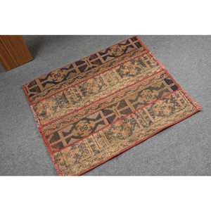 Vintage Turkish Rug, 2.4x2.8 ft Rug, <b>Brown</b> Striped <b>Wool</b> Rug - Product Image 2
