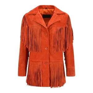 Chaqueta de cuero con flecos occidentales para mujer, chaqueta de piel de ante naranja auténtica - Product Image 1