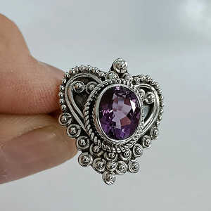 Handmade Boho <b>Statement</b> <b>Ring</b> Natural Amethyst Set in Sterling Silver Heartshape Design Birthday or Anniversary Gift for Her - Product Image 3
