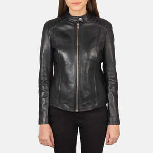Kelsee Stand Collar <b>Biker</b> <b>Jacket</b> in Black Leather for Autumn - Product Image 3