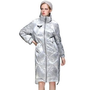 Manteau long matelassé brillant personnalisé pour femme, noir, col montant, doudoune d'hiver matelassée, coupe-vent, isolée, zippée, vêtement d'extérieur chaud - Product Image 4