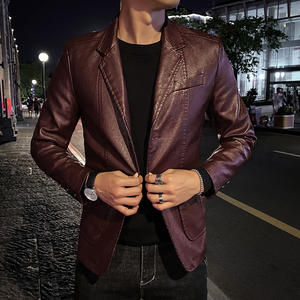 Veste de costume décontractée pour homme en cuir synthétique noir en gros, à capuche, col rabattu, style business, patchwork rouge, bleu, kaki - Product Image 5
