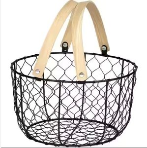 High on Demand Black Iron Metal Rectangle Fruit <b>Basket</b> With <b>Wooden</b> Handles for Home Dining Table Kitchen Fruit <b>Baskets</b> - Product Image 5
