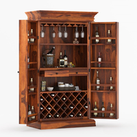 Meuble de rangement haut en teck massif écologique de qualité supérieure, style antique, pour vins et spiritueux, avec rangées de présentation, grand espace de rangement et porte-verres, pour la maison