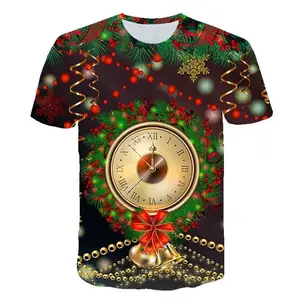 Año Nuevo Atmósfera festiva Manga corta Escena de Navidad Patrón Moda Hombres guapos Camiseta Verano Cuello redondo Tamaño grande para