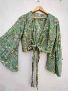 Indian <b>Vintage</b> Silk Top for Women Bell Sleeve Floral Front <b>Tie</b> Pattern Breathable Knitted Blouse Casual Style - Product Image 2