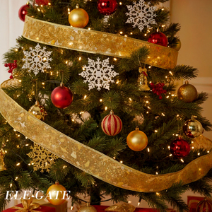 Nastro natalizio trasparente dorato con motivi natalizi e 30 ornamenti a forma di fiocco di neve in plastica oro, argento e grigio - Product Image 5