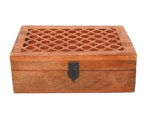Caja de madera decorativa de madera de mango con tapa con bisagras en tallas de Jali utilizadas como caja de almacenamiento Artículos de regalos de Navidad (9 "X 6" X 3 ') - Product Image 1