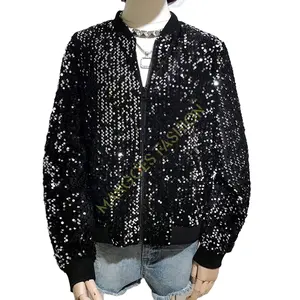 Stylish Women's White Sequin Bomber Jacket - Casual Stand Collar Velour Coat For Spring And Autumn Women's Sequin Bomber Jacket