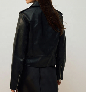 Veste moto en cuir véritable noir avec fermeture éclair, col rabattable, coupe ajustée, unisexe, pour l'automne - Product Image 2