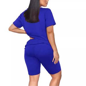 Vêtements d'été pour femmes, ensemble deux pièces à manches courtes, tenue décontractée, couleur bleue, en coton et polyester, ensemble 2 pièces, 2025 - Product Image 2