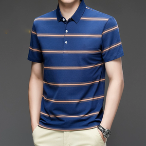 เสื้อโปโลทรงหลวมแขนสั้นคอปกลายทางสำหรับผู้ชายเสื้อทรงหลวมลำลองดีไซน์โลโก้ตามสั่งสำหรับฤดูร้อน - Product Image 3