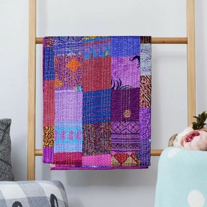 Handmade Silk Patchwork Kantha <b>Quilt</b> Handmade Blanket Reversible Kantha Thro Silk Sari Kantha <b>Bedspread</b> Hand Stitched <b>Quilts</b> - Product Image 4