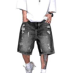 Mens <b>Black</b> Washed Denim <b>Shorts</b> Distressed Ripped Design Loose Fit Casual Streetwear 100% Cotton Woven Knee Length Summer Fashion - Product Image 1