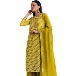 Giallo senape e verde chiaro Georgette Kurta Palazzo completo con Moti Work e Gota pizzo all'ingrosso abbigliamento etnico da donna - Product Image 1