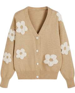 Customized Women Camel <b>Brown</b> Knit <b>Cardigan</b> Sweater With White Flower Applique V Neck Button Front Casual Winter Fashion Top - Product Image 1