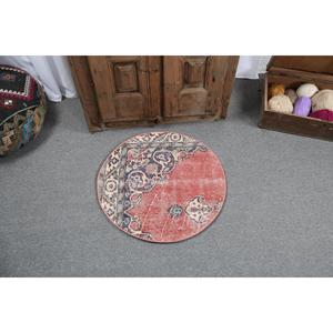2.3x2.3 ft Turkish Rug, Vintage Round Rug, <b>Red</b> Blue Camouflage <b>Wool</b> Rug - Product Image 3