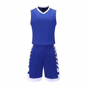 Men's Blue V-Neck Sleeveless Basketball Jersey Set Moisture Wicking Polyester Uniform Elastic Waist Shorts - Product Image 1