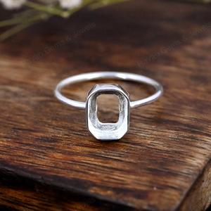 Véritable argent sterling 925, forme rectangulaire, 8x10 mm, serti en bélière, demi-monture, bande simple, bague fine pour femme, plaqué or 14 carats - Product Image 6