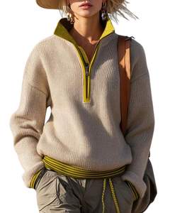 Manufacturer Womens Quarter Zip Knit Sweater Beige <b>With</b> Olive Green Contrast Collar Soft Knit Winter Casual Pullover OEM Custom - Product Image 1
