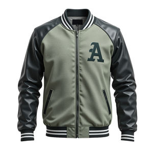 Vestes varsity pour hommes avec corps en laine de qualité supérieure, manches en cuir PU et bordure côtelée rayée classique pour un style streetwear quotidien - Product Image 4