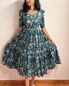 Traje bohemio de verano para mujer, vestido Midi con estampado Floral azul turquesa, Vintage, negro, línea A, elegante, algodón étnico, cintura Imperio - Product Image 1