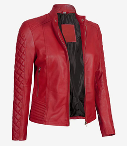 แจ็กเก็ตหนังผู้หญิงแบบลำลองปรับแต่งได้แจ็คเก็ตบอมเบอร์สีแดงธรรมดาสำหรับฤดูหนาว - Product Image 2