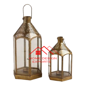 Handmade Gold Finished <b>Metal</b> <b>Lantern</b> With Read Embossed Glass Arabic <b>Lantern</b> - Product Image 3