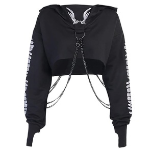 Sudadera Corta con Capucha para Mujer, Negra, de Manga Larga, Estilo Gótico, con Decoración de Cadena, Estampado de Calavera, para Otoño - Product Image 1