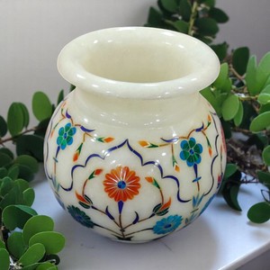 Maceta de mármol blanco pulido de 3 \ "con incrustaciones de piedra multicolor Producto artesanal de piedra Premium - Product Image 2