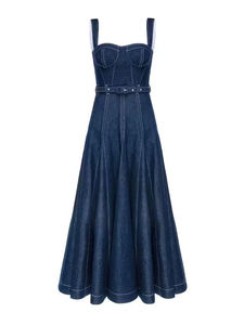 Women's Vintage Button-Up Sleeveless Denim Maxi <b>Dress</b> Elegant Line Slim Fit Gown with <b>Belt</b> Breathable Design - Product Image 4