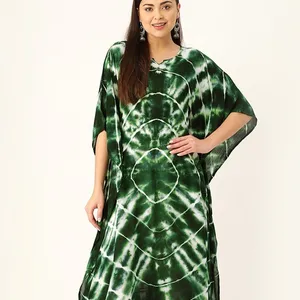 Tropical Escape Green & White Rayon Crepe Loose Fit Kaftan Kurta A-Line Kaftan Kurta With Flared Sleeves For Women Wholesale OEM