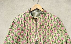 Vert rose hiver lavé décontracté veste matelassée femmes rayé passepoil fait à la main Vintage Boho Double face robe - Product Image 2