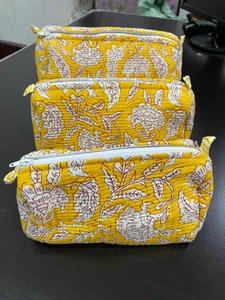 Indian Block Printed Yellow Cotton Quilted Vintage Case <b>Set</b> Eco-Friendly Customizable Zipper Large Waterproof Cosmetic Bag - Product Image 3