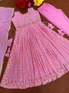 Designer lourd dernier Festival et mariage porter Faux Georgette séquence broderie travail haut et pantalon avec bordure en dentelle Dupatta - Product Image 4