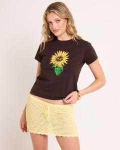 T-shirt d'été pour femme Sunny Flower, streetwear, 100% coton/polyester, jersey ample, col rond côtelé, imprimé graphique - Product Image 2