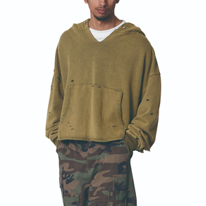 Sweat à capuche pour homme en coton personnalisé, poche kangourou, épaules tombantes, manches longues, coupe ample, délavé à la pierre, déchiré, col en V - Product Image 1