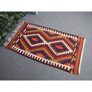 พรมคิลิมวินเทจ ขนาด 2.2x3.8 ฟุต (66x116 ซม.) ลายตารางสีแดง พรมตุรกี - Product Image 1