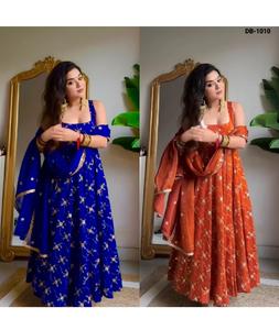 Vêtements ethniques indiens, robes Anarkali en soie Fandy prêtes à porter, avec broderie et travail de séquence, avec dupatta pour les mariages - Product Image 1