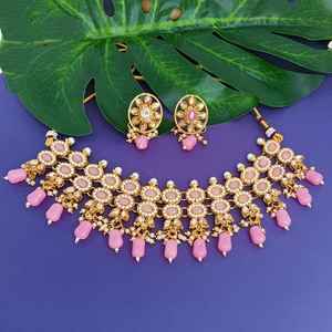 Collier ras du cou de créateur ethnique en fausse perle de cristal Boucles d'oreilles pendantes de mariage Bijoux indiens pour femmes, rose - Product Image 3