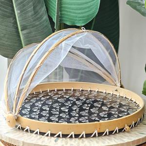 Plateau d'incrustation de coquille de perle mosaïque ronde avec la maille se pliante de dôme de nourriture de filet de couverture pour couvrir des plats - Product Image 1