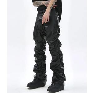 Hip Hop hommes plissé en cuir Pu pantalon Harajuku rétro Streetwear ample froncé pantalon décontracté droit couleur unie noir pantalon - Product Image 1